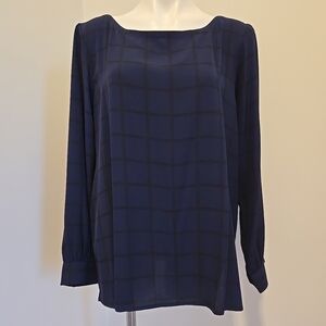 Eileen Fisher Blue Black Silk Check Tunic Blouse XL